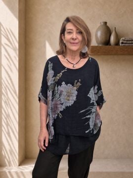 İncecik Pamuklu Katlı Bluz Desenli Siyah