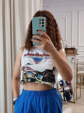 Önü Baskılı Beyaz Crop Atlet