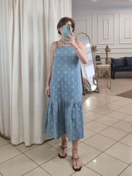 Fistolu Askılı Pamuk Elbise Bebe Mavi