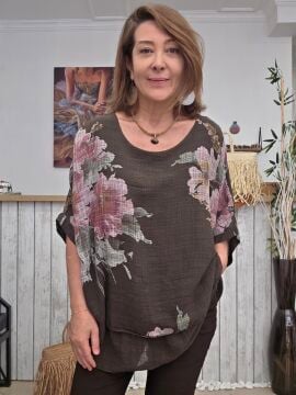 İncecik Pamuklu Katlı Bluz Desenli Kahve