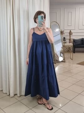 Volanlı Poplin Askılı Uzun Lacivert Elbise