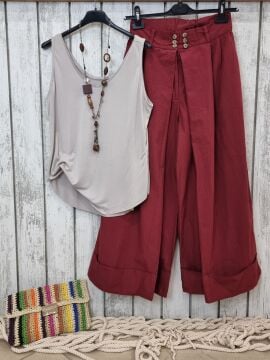 Duble Paça Bol Kesim Pantolon Bordo