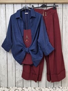 Duble Paça Bol Kesim Pantolon Bordo