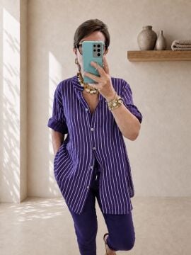 Oversize Pamuklu Çizgili Gömlek Mor