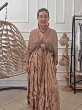 Önü Bağlamalı İpek Şifon Bluz Camel Kahve