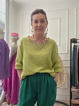 Oversize İtalyan Müslin Bluz Limon Yeşili
