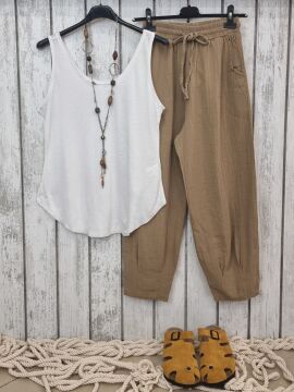 Paçası Pilili Müslin Pantolon Kahve