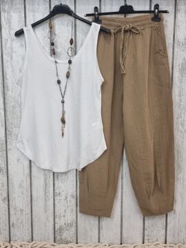 Paçası Pilili Keten Pantolon Olive Yeşil