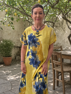 Bol Kesim Desenli İtalyan Elbise Sarı