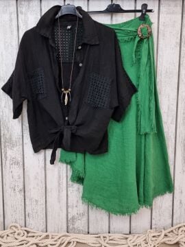 Fistolu Siyah Keten Gömlek Ceket