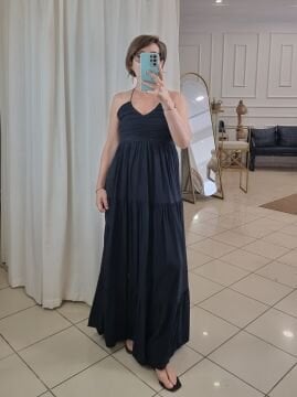 Göğsü Büzgülü Uzun Lacivert Elbise