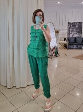 İtalyan Havuç Kesim Keten Pantolon Yeşil