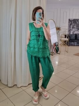 İtalyan Havuç Kesim Keten Pantolon Yeşil