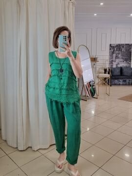 İtalyan Havuç Kesim Keten Pantolon Yeşil