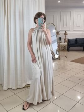 Boyundan Büzgülü Modal Uzun Bej Elbise
