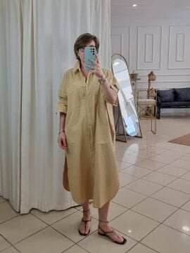 Yanları Yırtmaç Gömlek Elbise Hardal Sarı