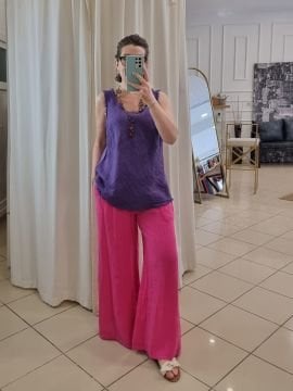 Kemerli Bol Paça İtalyan Keten Palazzo Pantolon Pembe