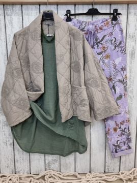 Pamuklu Kapitone Kimono Ceket İtalyan Fango Bej