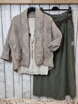 Pamuklu Kapitone Kimono Ceket İtalyan Fango Bej