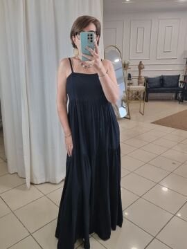 İnce Askılı Uzun Viskon Elbise Siyah