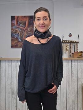 Fularlı İnce İtalyan Triko Bluz Antrasit