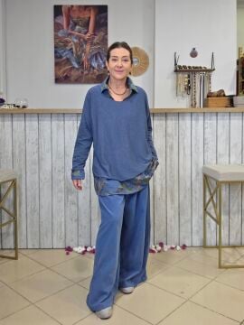 İnce Kadife Bol Paça Pantolon Denim Mavi