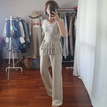 Beli Lastikli Keten Dokulu Pantolon Bej