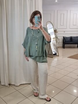 Beli Lastikli Keten Dokulu Pantolon Bej