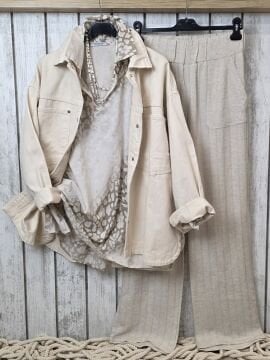 Beli Lastikli Keten Dokulu Pantolon Bej