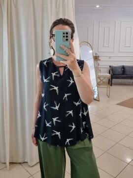 Deri Biyeli Viskon Atlet Kuş Desenli