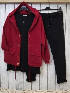 Kırmızı Yumuşak Tüylü Kapüşonlu Hırka Ceket