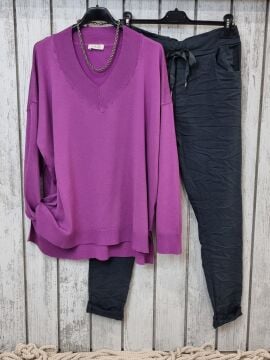 Oversize V Yaka İnce Triko Mürdüm Kazak