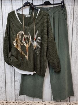 Oversize Kalın Örme Ajurlu Kazak İtalyan Haki