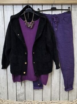 Siyah Yumuşak Tüylü Kapüşonlu Hırka Ceket