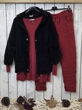 Siyah Yumuşak Tüylü Kapüşonlu Hırka Ceket