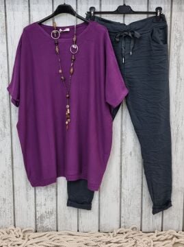 Oversize Triko Bluz Kısa Kollu Mor