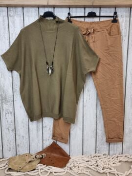 Boğazlı Haki Triko Süveter Kazak