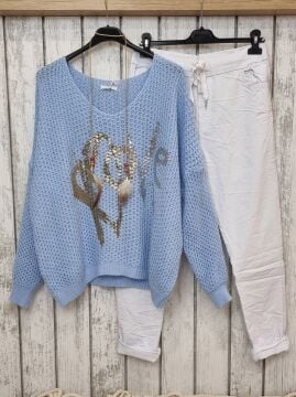 Oversize Kalın Örme Ajurlu Kazak İtalyan Mavi