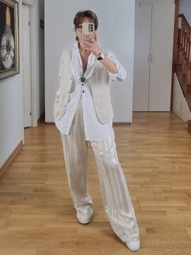 İpeksi Rayon Şeritli Keten Palazzo Pantolon Bej