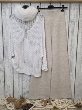 V Yaka Ajurlu İtalyan Modal Triko Beyaz