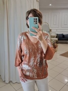 Varaklı Modal İtalyan Triko Kazak Kiremit