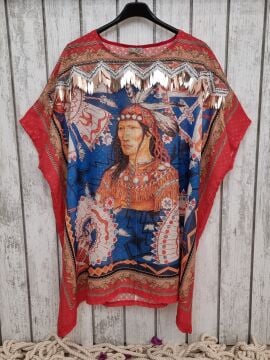 Kızılderi Baskılı  Desenli Şifon Kırmızı Tunik