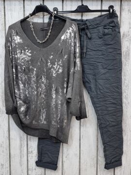 Varaklı İtalyan Modal Triko Kazak Gri