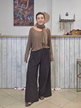 İnce Kadife Bol Paça İtalyan Pantolon Koyu Kahve