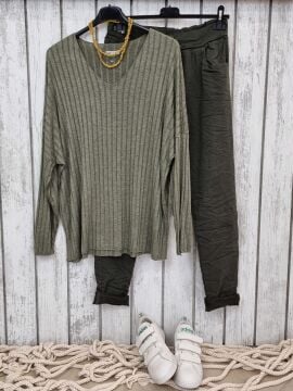 V Yaka İtalyan Triko Kazak Haki