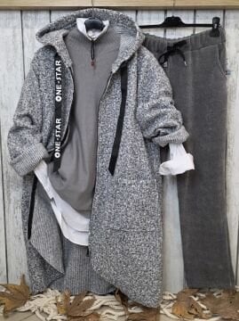 Kapüşonlu Uzun İtalyan Buklet Kaban Gri Kırçıllı