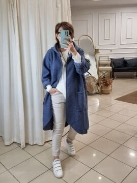 Kapüşonlu Uzun İtalyan Buklet Kaban Mavi