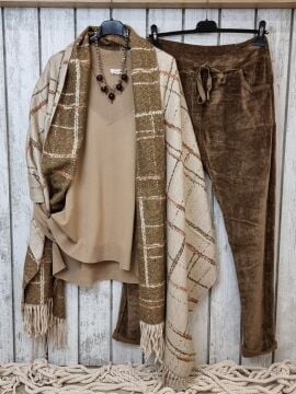 Çift Taraflı Kareli Kaşmir Şal Kahverengi