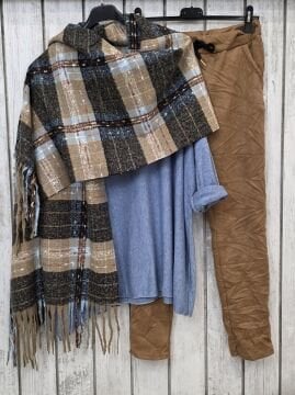 Kareli Kaşmir Şal Mavi Kahve