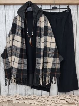 Kareli Kaşmir Şal Siyah Bej